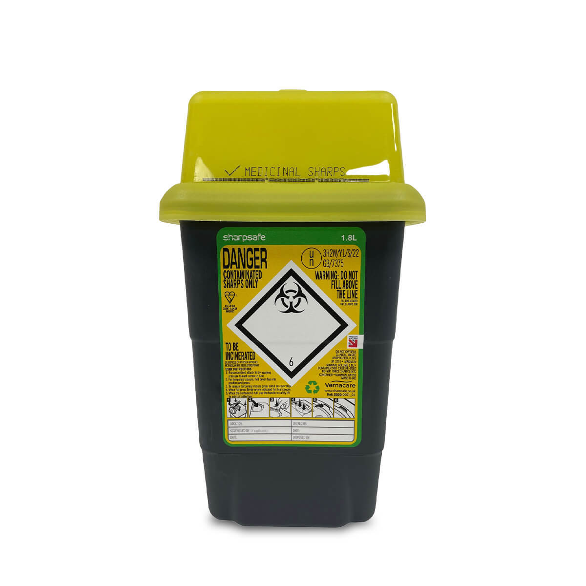 Sharpsafe 1.8L Sharps Bin Grey UK Yellow Lid Sharpsafe 1.8L Sharps Bin Grey UK Yellow Lid