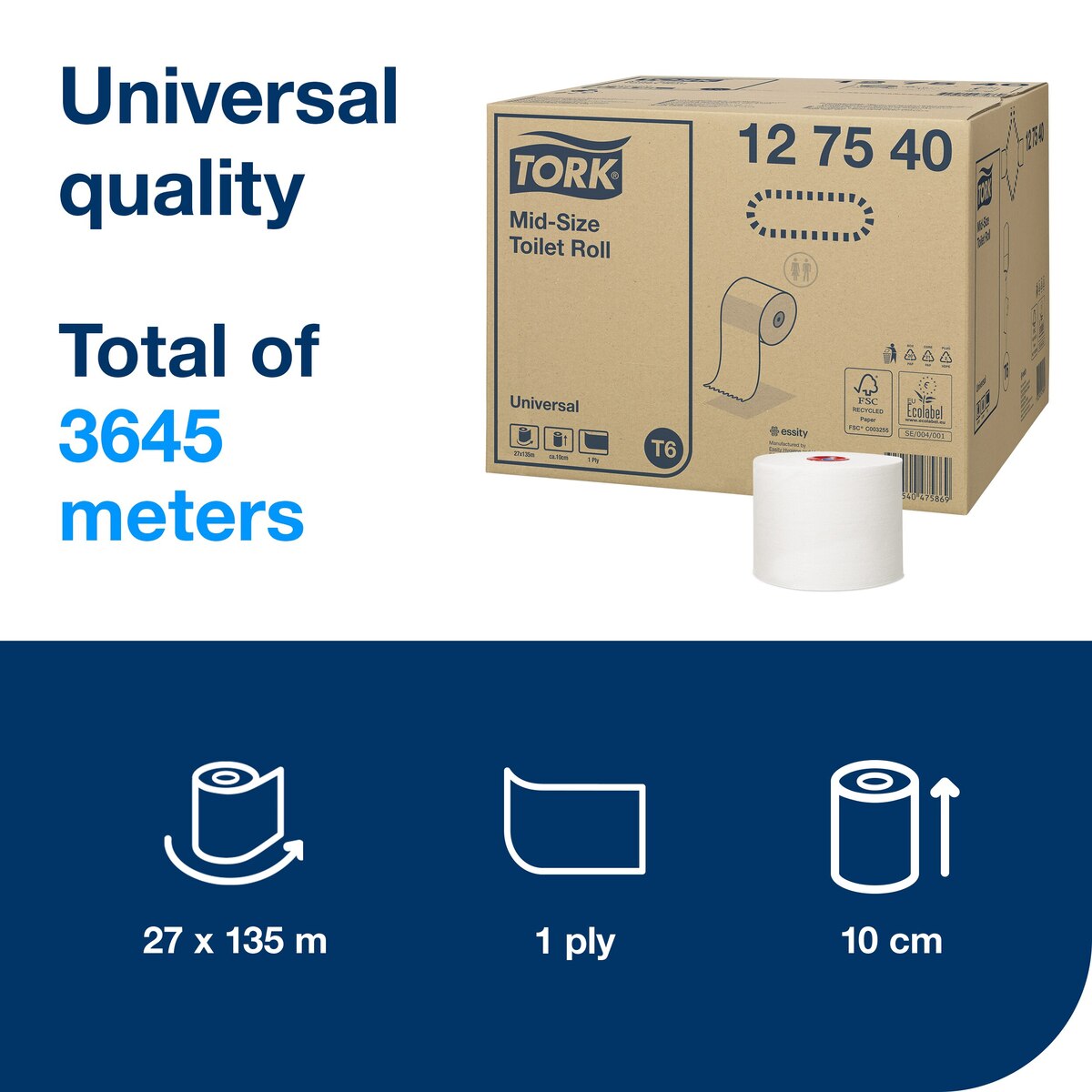 Tork Mid-size T6 Toilet Roll 1ply White 135m x27 Tork Mid-size T6 Toilet Roll 1ply White 135m x27