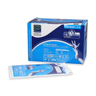 Premier Performer Nitrile Sterile Examination Gloves Blue Small x50 Premier Performer Nitrile Sterile Examination Gloves Blue Small x50