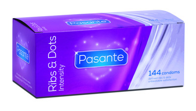 Pasante Ribs and Dots Condoms - Clinic Pack x 144 &bull;	Length: 190mm&bull;	Width: 54mm&bull;	Wall Thickness: 65 microns