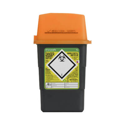 Sharp Safe1L Grey/ Orange Lid sharps bin