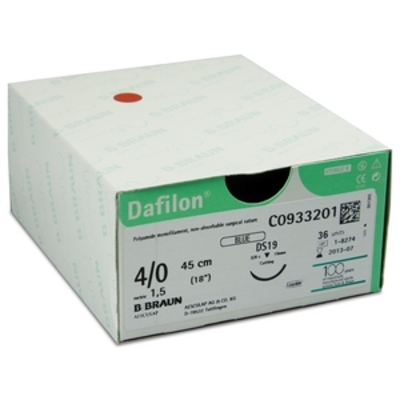 C0936227	Dafilon Suture	19mm	45cm	Blue	5/0	3/8 Circle Reverse Cutting Needle with Micro Point		x36	D/T