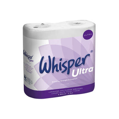 Whisper Ultra Luxury Toilet Roll 3ply White 4 x 10 Whisper Ultra Luxury Toilet Roll 3ply White 4 x 10