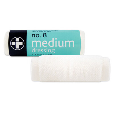 NO.8 FIRST AID DRESSING MEDIUM STERILE 7.5CM x 10CM X 1 NO.8 FIRST AID DRESSING MEDIUM STERILE 7.5CM x 10CM X 1