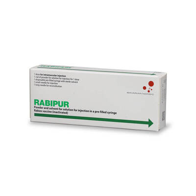 Rabipur PCEC Rabies vaccine (inactive) 2.5IU/1ml vial powder and solvent for suspension for injection pre-filled syringe POM X1 Rabipur PCEC Rabies vaccine (inactive) 2.5IU/1ml vial powder and solvent for suspension for injection pre-filled syringe POM X1