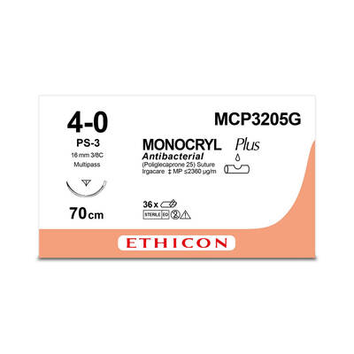 MONOCRYL PLUS | Monofilament | Undyed | 4-0 | 70cm | 1xReverse Cutting Prime | 16mm | 3/8C | Pack of 12