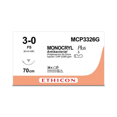 MONOCRYL PLUS | Monofilament | Undyed | 3-0 | 70cm | 1xReverse cutting | 26mm | 3/8C | Pack of 12