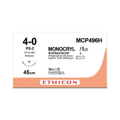 MONOCRYL PLUS | Monofilament | Undyed | 4-0 | 45cm | 1xReverse Cutting Prime | 19mm | 3/8C | Pack of 36