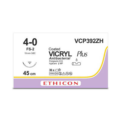 VICRYL PLUS | Braided | Violet | 4-0 | 45cm | 1xReverse cutting | 19mm | 3/8C | Pack of 36