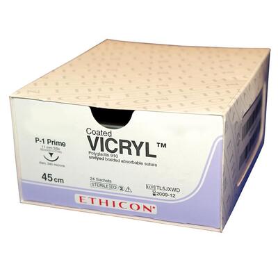 Coated VICRYL* (Polyglactin 910) Braided, Undyed gauge 1.5 (4/0) 45cm on 19mm curved conventional P cutting needle	x 24