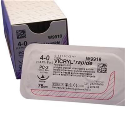 W9919	Coated VICRYL* 													Rapide Suture	16mm	75cm	undyed	3-0  2	3/8 circle Conventional Cutting PRIME Needle		x12
