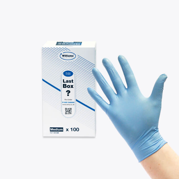 Williams Medical Supplies branded blue latex and nitrile disposable gloves.  Williams Medical Supplies branded blue latex and nitrile disposable gloves.